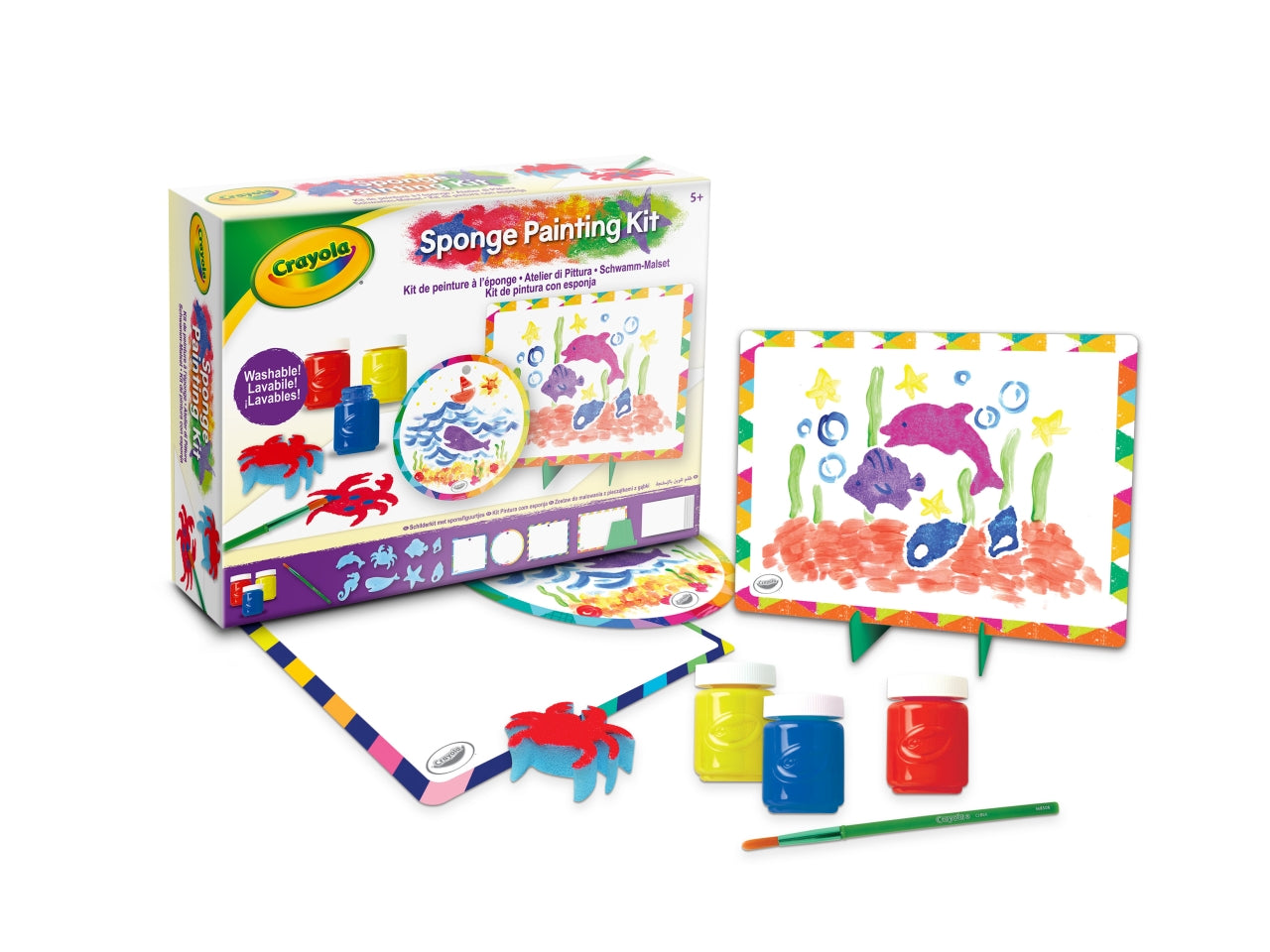 Atelier di Pittura - Multicolor, 26,5x5,6x20 cm, 320 gr, Carta, Provenienza Italia, Certificato CE, Unisex, Età 5+, 3 Tempere Lavabili, 1 Pennello, 8 Spugnette, 1 Cornice con Piedistallo, 3 Cornici da Appendere, 8 Fogli Bianchi, Guida | Crayola