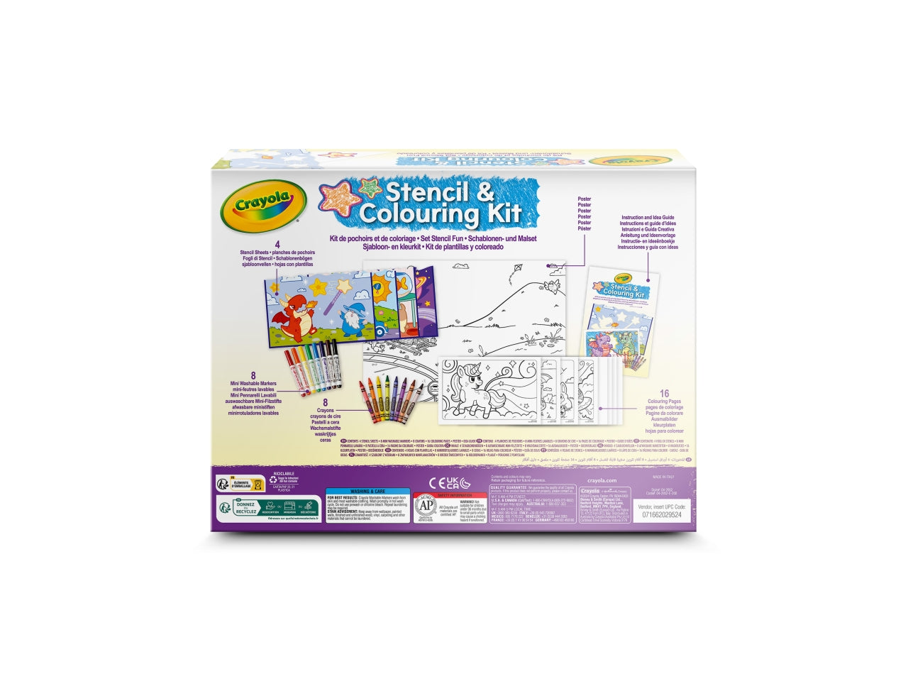 Set Stencil Fun - Multicolor, 26,5x5,6x20 cm, 320 gr, Carta, Provenienza Italia, Certificato CE, Unisex, Età 5+, 8 Pennarelli, 8 Pastelli a Cera, 4 Fogli di Stencils, Album da Colorare 16 Pagine, 1 Poster, Guida (8 Pagine) | Crayola