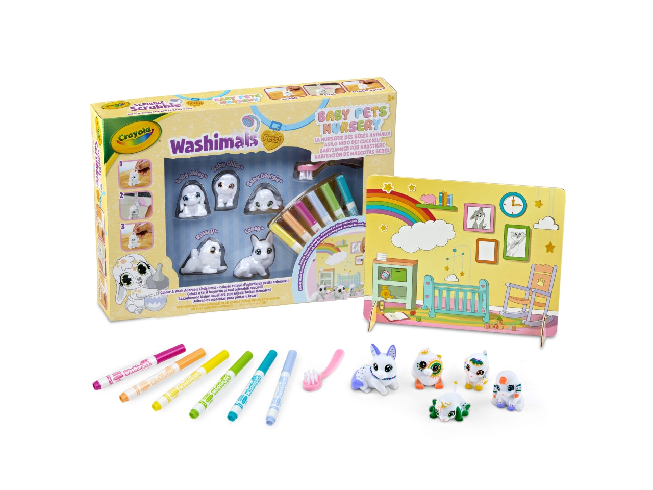 Washimals Baby Pets Asilo Nido dei Cuccioli - Set con 5 Pets e Accessori, Multicolor, Età 3+, Crayola