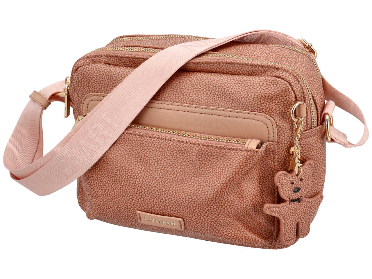 Borsa con tracolla da donna albicocca similpelle con ciondolo orsetto, 20x24x10 cm Naj Oleari $