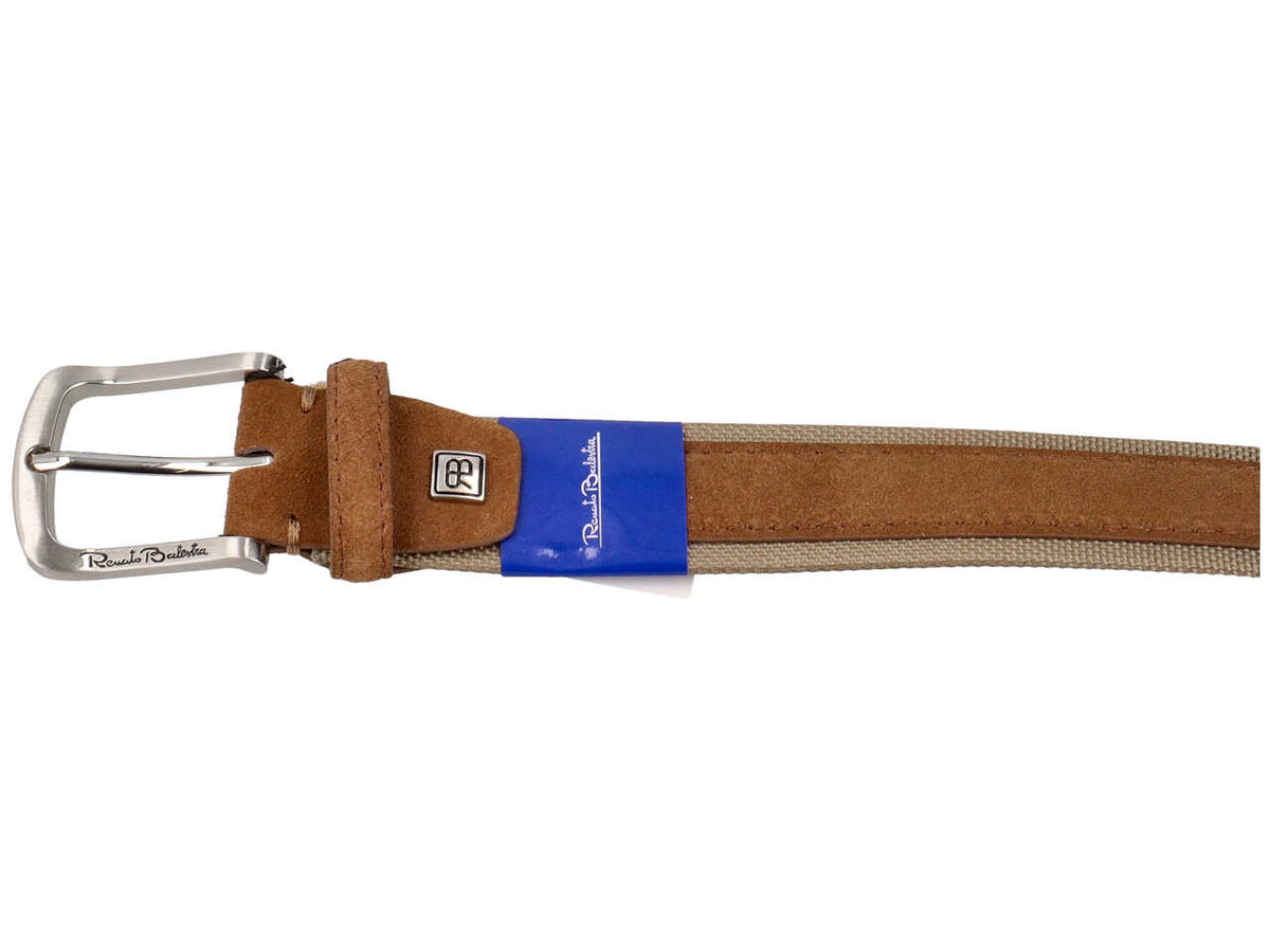 Cintura da uomo cuoio in tela e nabuk con fibbia argentata satinata, 3,5 cm in taglie assortite dalla 115 alla 130 cm - Renato Balestra $