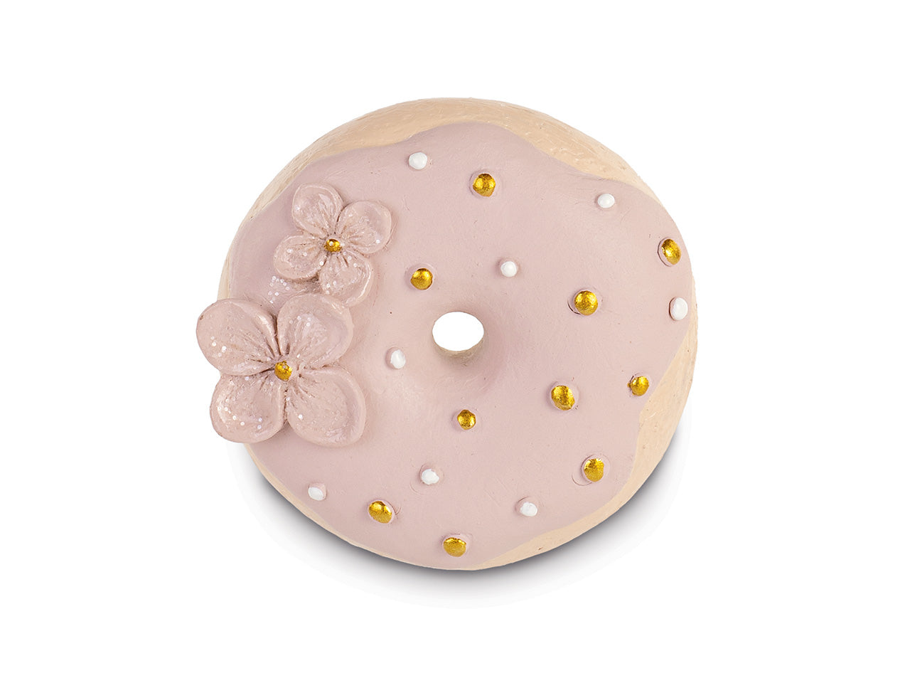 Magnete donut cipria con fiori glitterati diametro 5,5cm