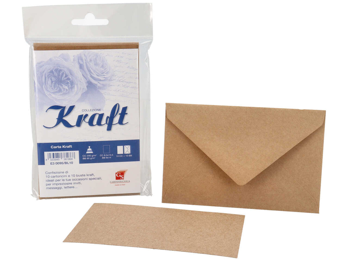 Biglietti e buste avana carta kraft opaca, confezione da 10, 9x14 cm - GS Cartotecnica
