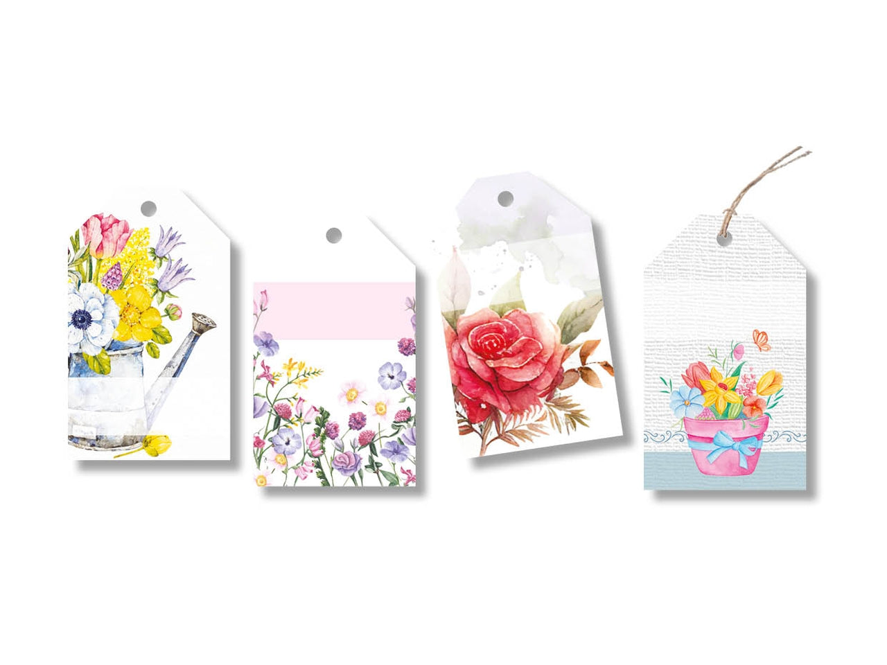 Cartellino tag chiudipacco con spago formato 5x8,5cm - la confezione comprende 100 cartellini assortiti in 4 soggetti fiori campo