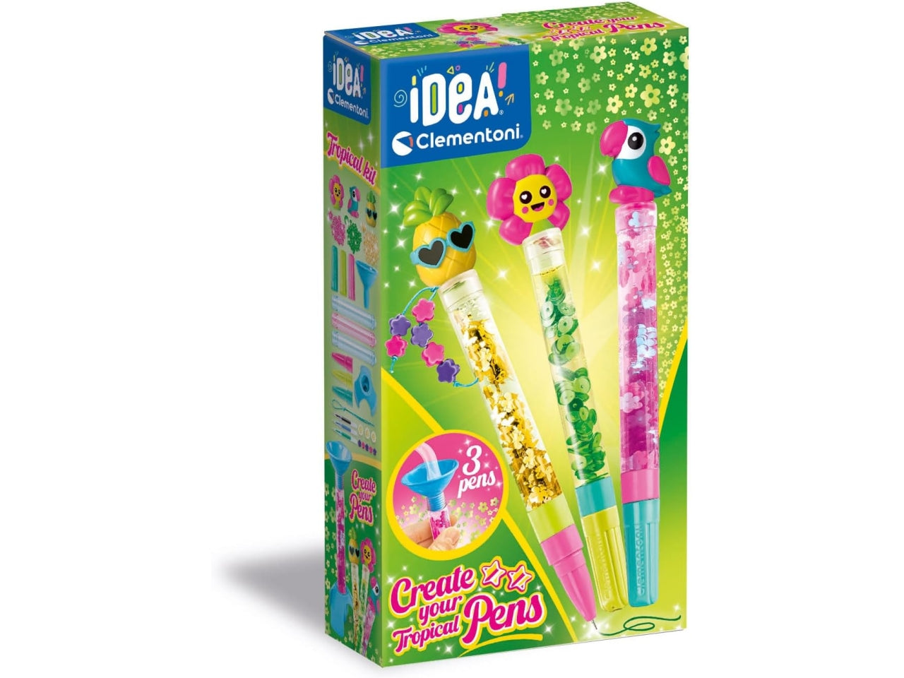 Clementoni Crea le tue penne Tropicali, kit fai da te di 3 penne da assemblare e personalizzare, 6+ anni, made in Italy