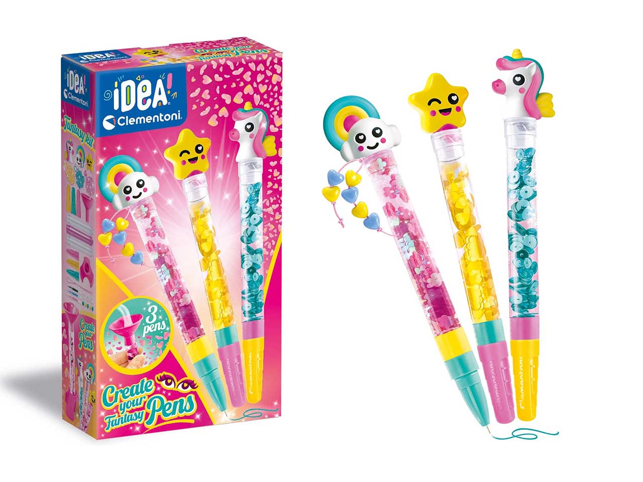 Clementoni Crea le tue penne Fantasy, kit fai da te di 3 penne da assemblare e personalizzare, 6+ anni, made in Italy
