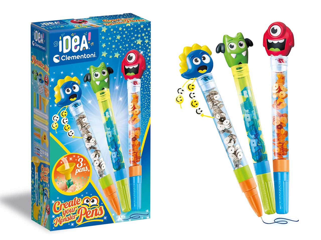 Clementoni Crea le tue penne Monster, kit fai da te di 3 penne da assemblare e personalizzare, 6+ anni, made in Italy