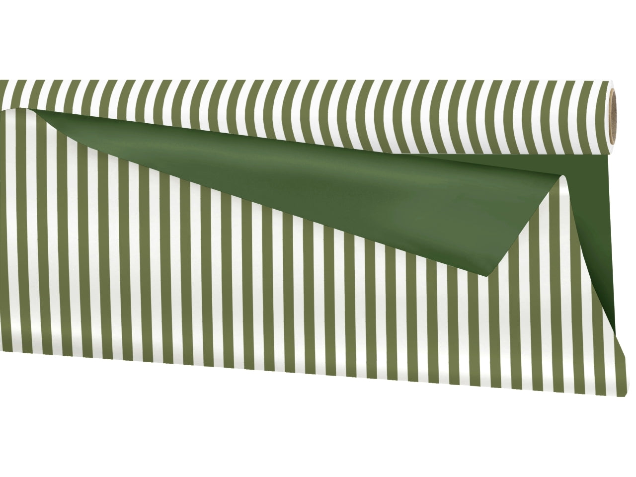Bobina carta regalo a strisce bianche e verde khaki in plastica, double face 1x25mt