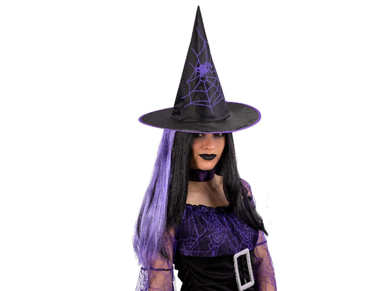 Cappello strega in tessuto plastificato con capelli viola h.35cm