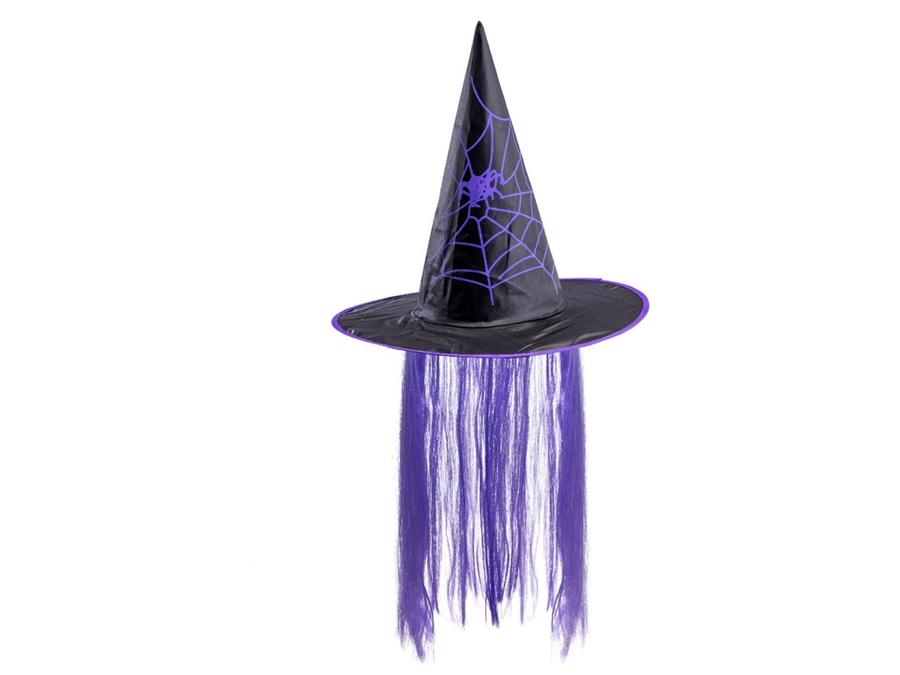 Cappello strega in tessuto plastificato con capelli viola h.35cm