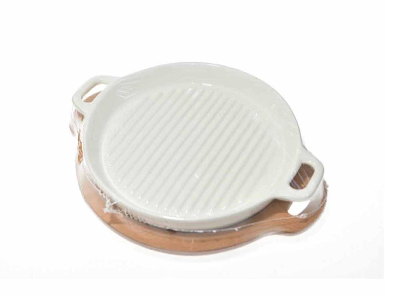 Pirofila tonda rigata bianca con manici e base in legno misura 29,5x24xh.5,5cm