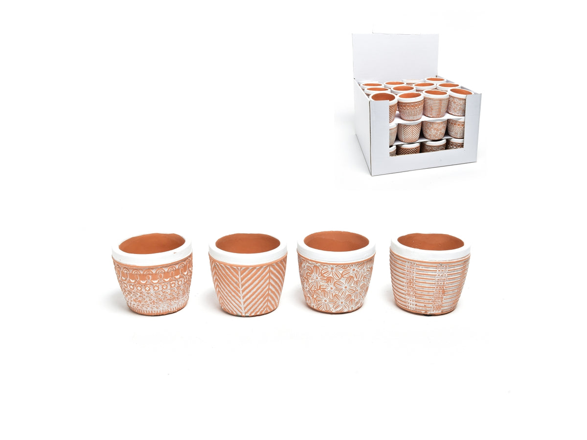 Portavaso pianta in terracotta naturale forma cilindrica con lavorazione floreale a rilievo per uso interno 8x6,5 cm - M Home
