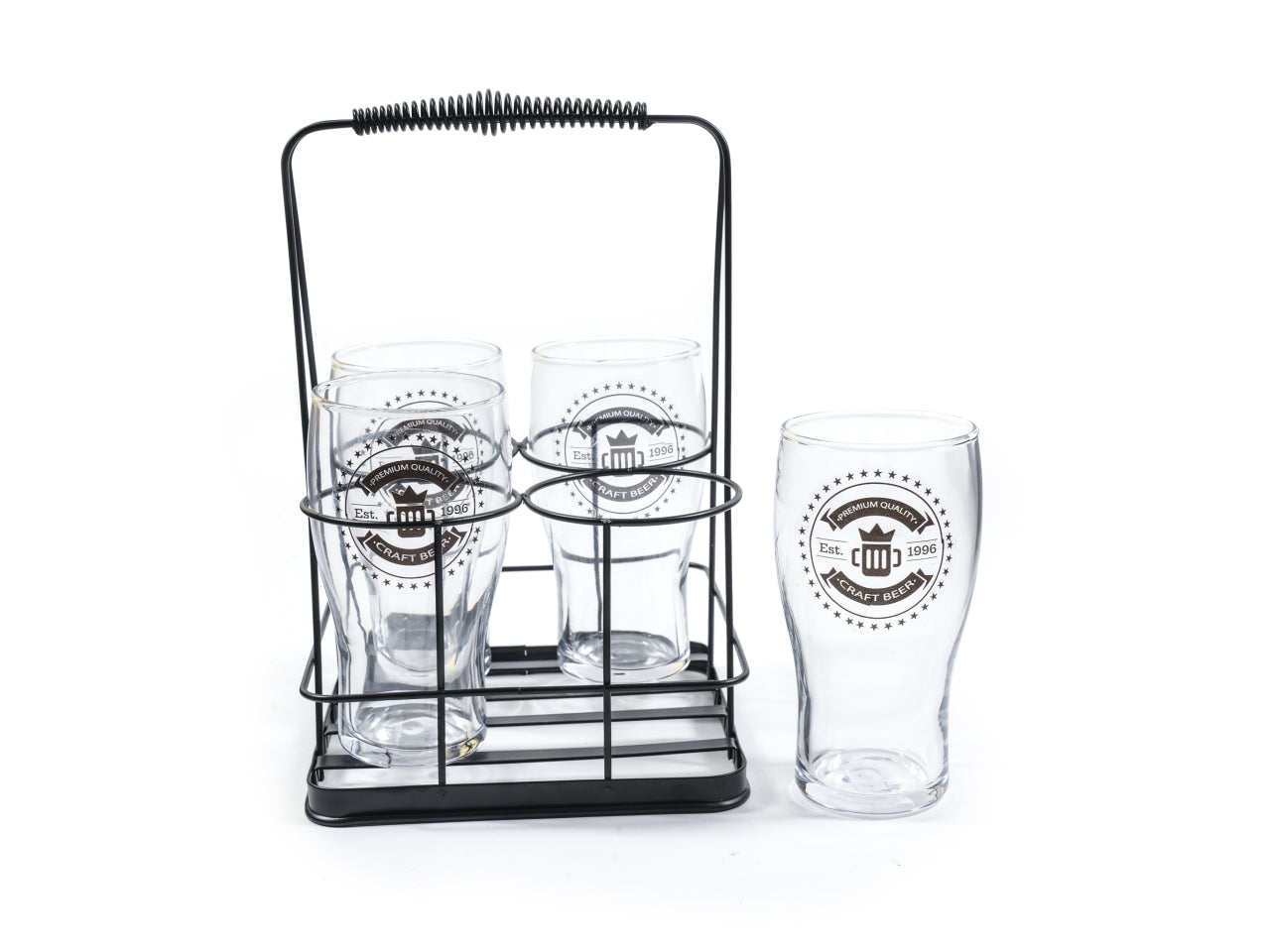 Bicchieri birra in vetro 570ml con cestino in metallo, set da 4 - Mercury