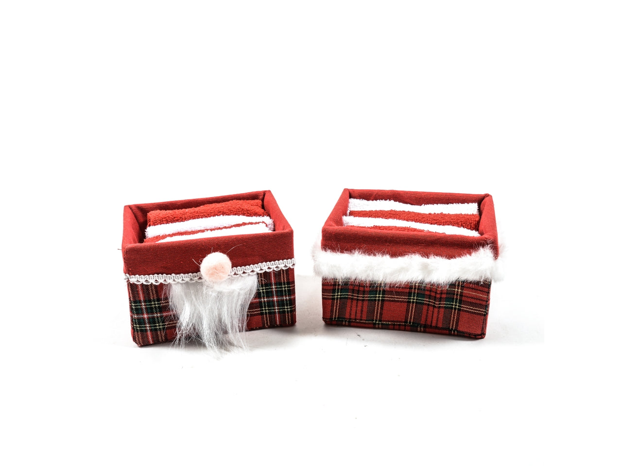 Cestino 14x11x9cm con 4 asciugamani in tessuto 30x30cm assortito