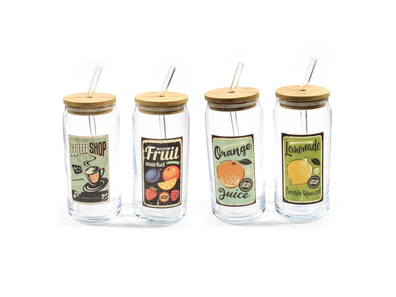 Bicchiere in vetro 600ml con coperchio in bambu e cannuccia in vetro borosilicato d.7,5xh.21cm design assortiti