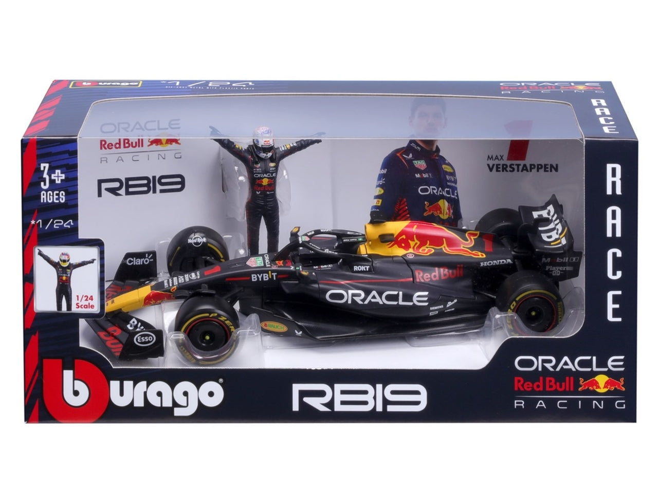 Modellino Auto F1 Red Bull Racing RB19 2023 #1 con Figura di Verstappen - Scala 1:24: Die-cast Nero, Dettagli Realistici, Licenza Ufficiale Red Bull, Dimensioni 12,7x12,7x28 cm, Età 3+ - Bburago