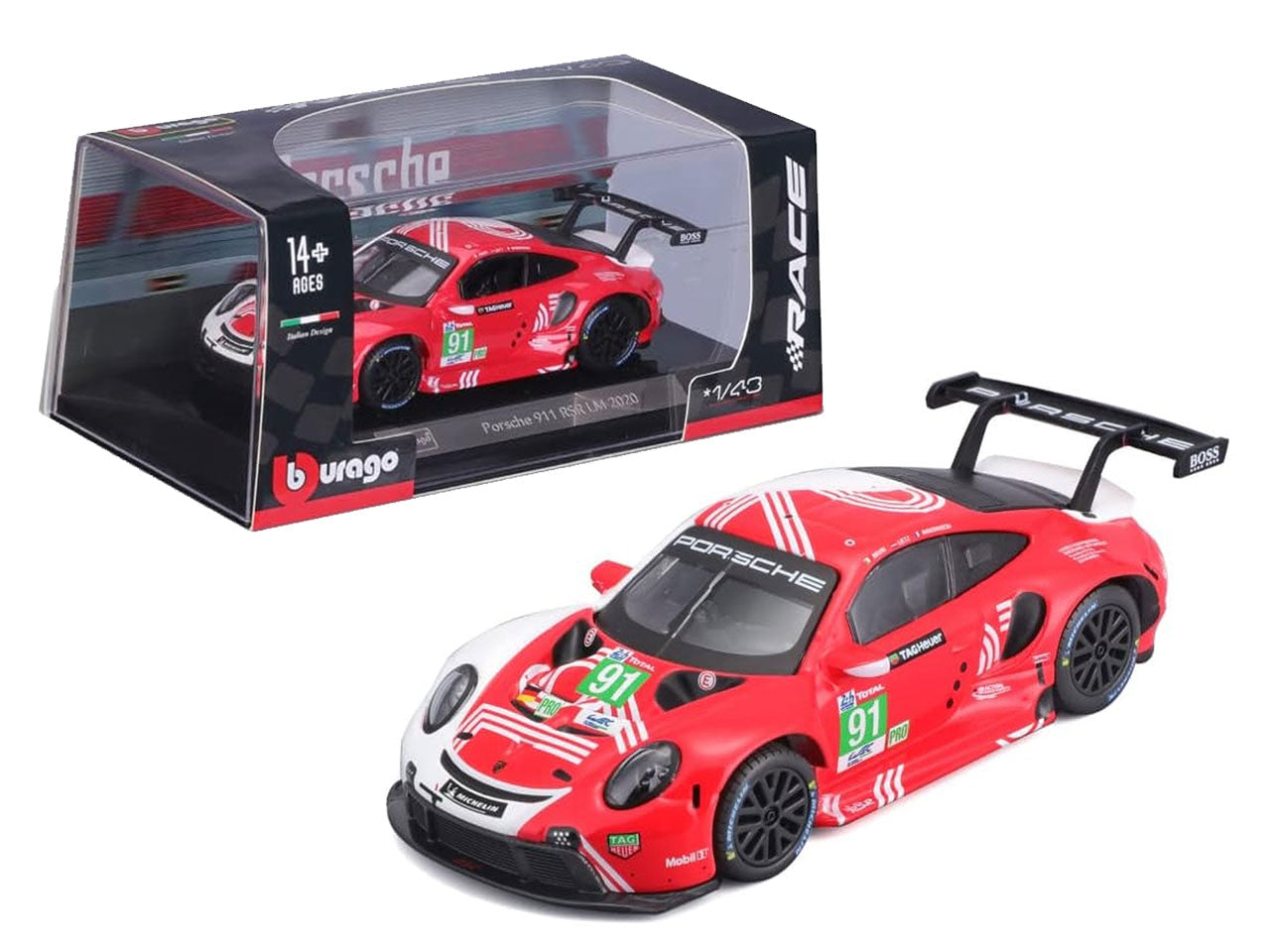 Modellino Auto Porsche 911 RSR LM 2020 - Scala 1:24: Die-cast Rossa, Licenza Ufficiale Porsche, Dettagli Realistici, Dimensioni 10,2x12,45x24,2 cm, Età 3+ | Bburago