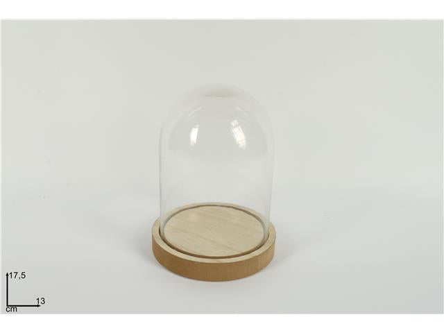 Campana in vetro vuota con base legno naturale13x17,5cm