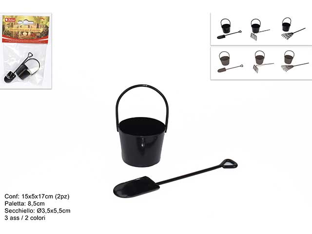 Accessorio per presepe, secchiello con paletta/rastr.2 pezzi hw19