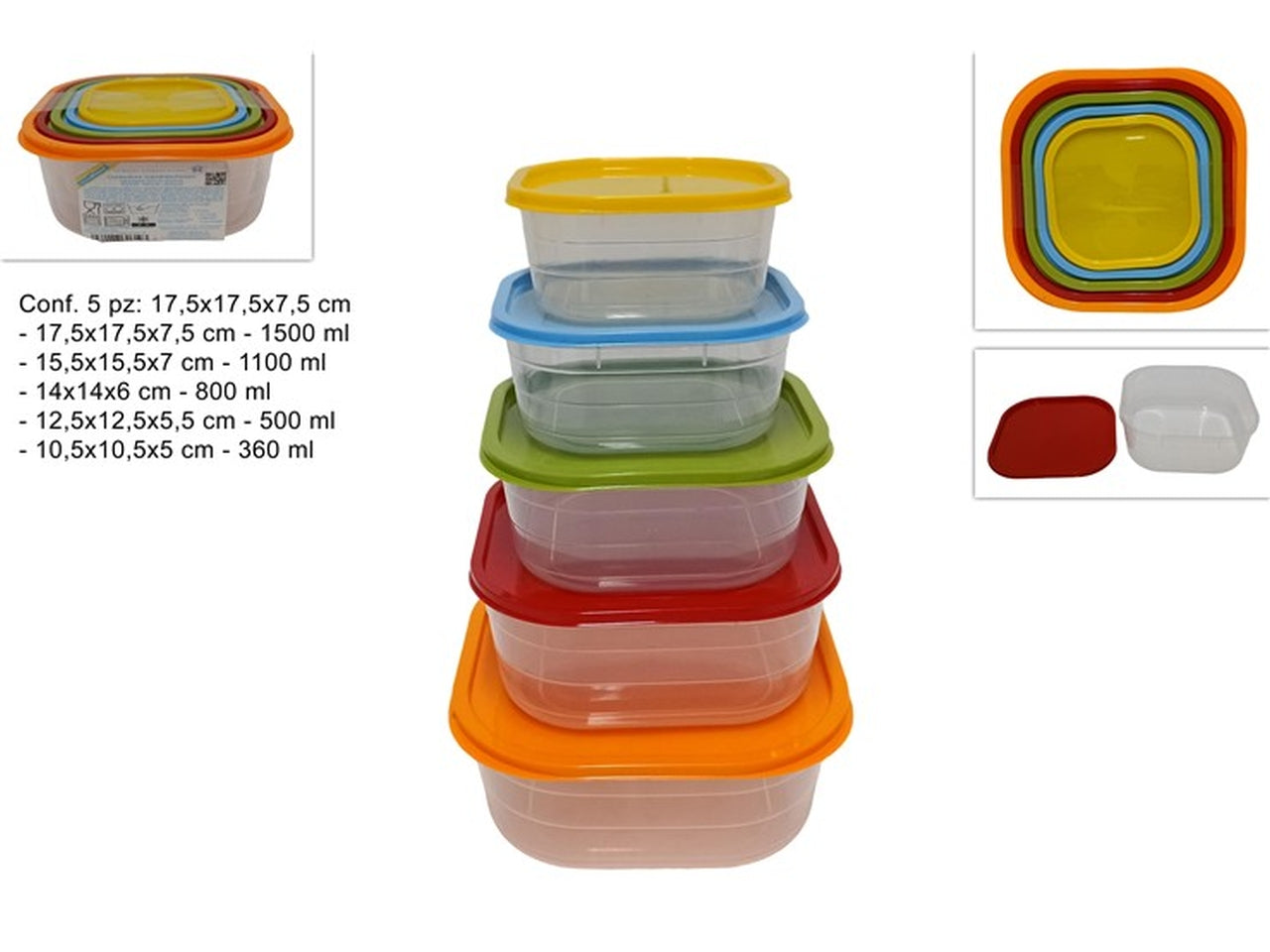 Contenitori plastica trasparente - confezione da 5 pezzi in 5 colori assortiti