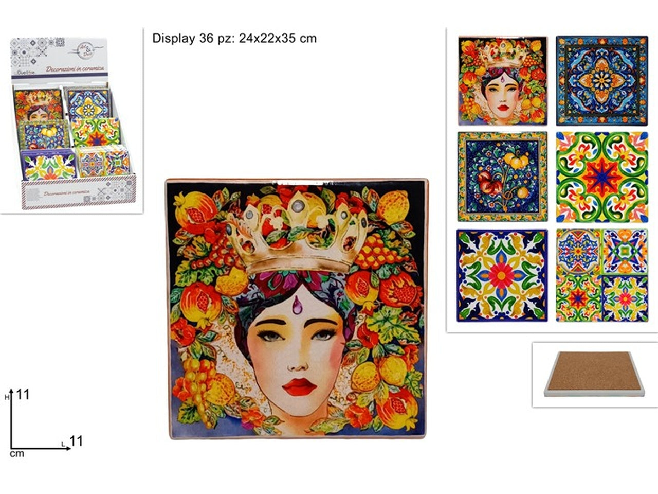 Sotto bicchiere quadrato ceramica e sughero stile mediterraneo multicolor 11 cm - Due Esse