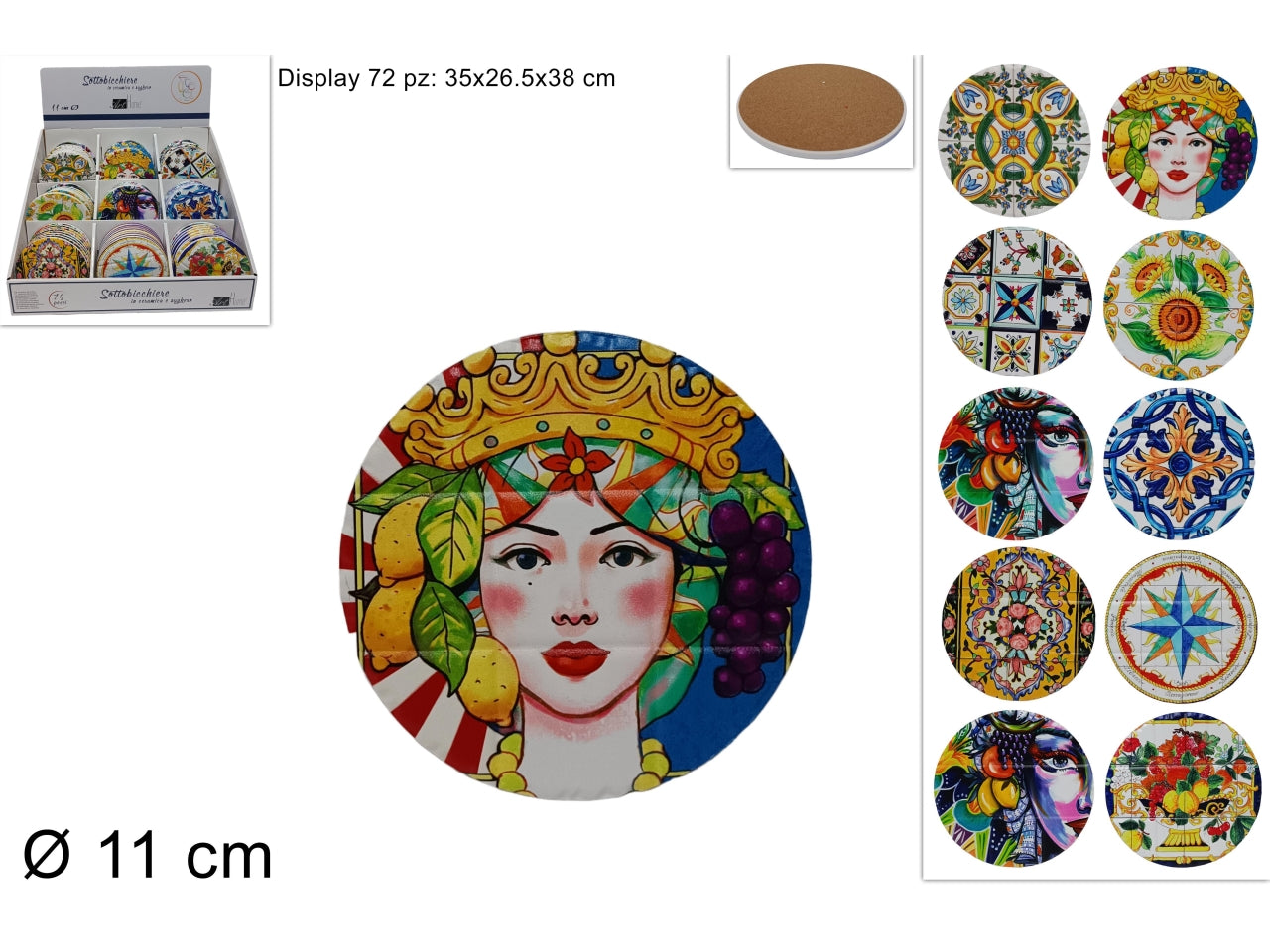 Sotto bicchiere tondo ceramica e sughero stile mediterraneo multicolor 11 cm - Due Esse