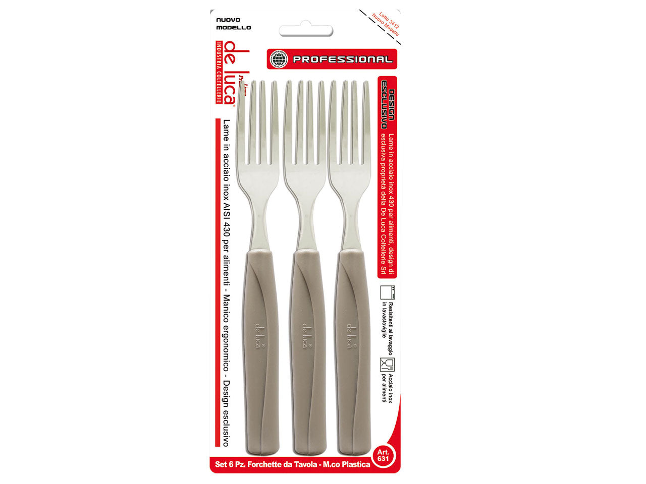 Set 6 pz forchette da tavola moderne con manico in plastica tortora e lama in acciaio - De Luca