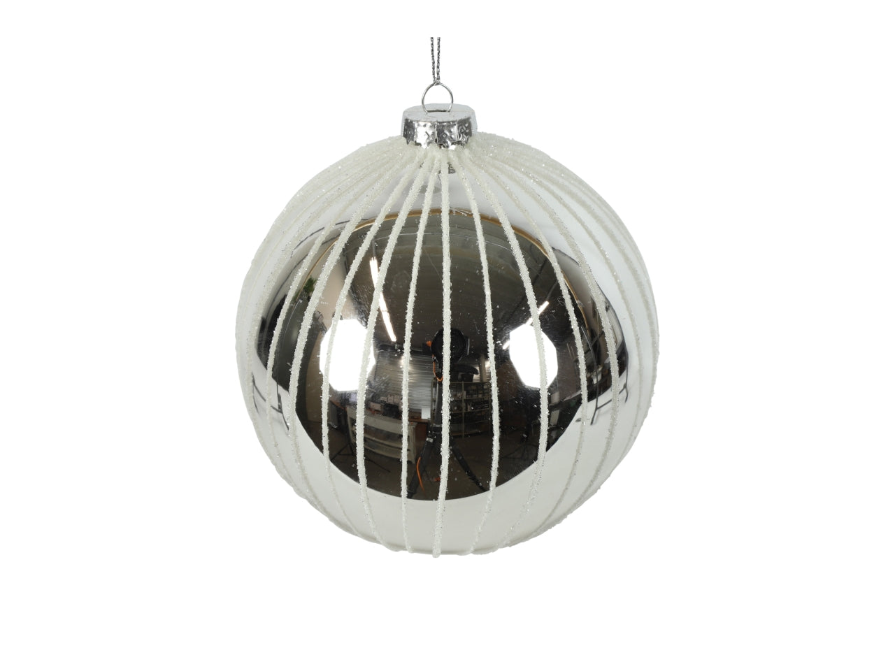 Palla di natale in vetro lucida argentata con striature verticali glitter Ã15 cm - Countryfield