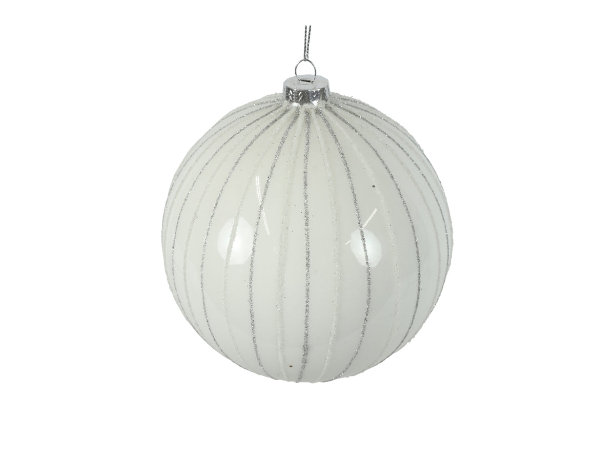 Palla di natale in vetro lucida bianca e argentata con striature verticali glitter Ã12 cm - Countryfield
