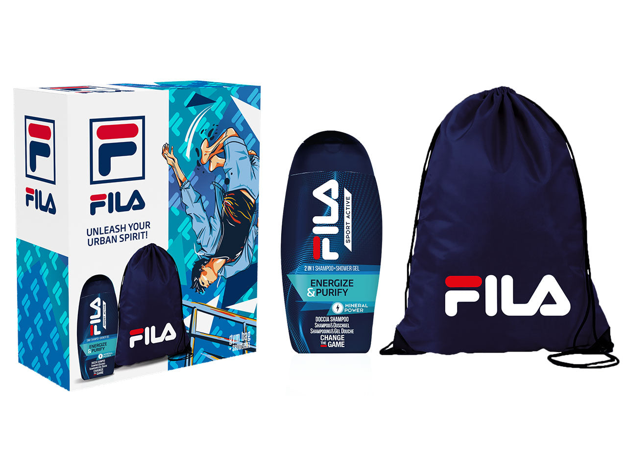 Fila uomo, confezione con gel doccia energize & purify 250ml + gym bag