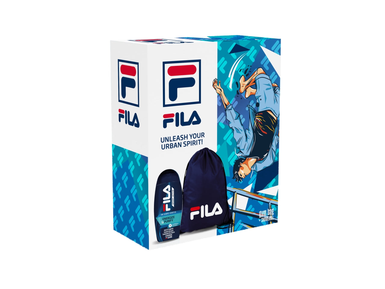 Fila uomo, confezione con gel doccia energize & purify 250ml + gym bag
