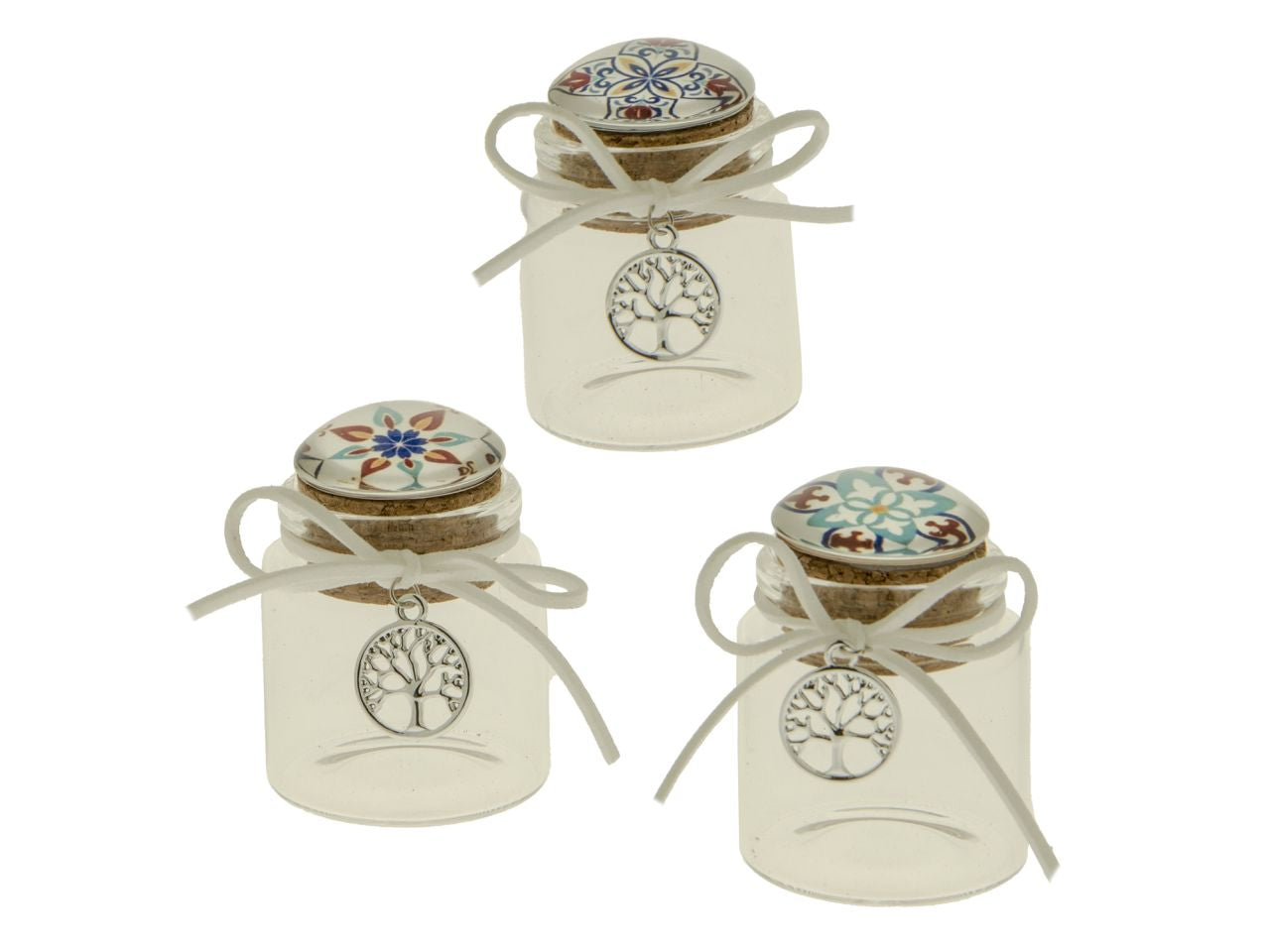 Barattolo di vetro h.6cm per bomboniera con decorazione mosaico sul tappo e ciondolo albero della vita - disponibile in 3 assortimenti