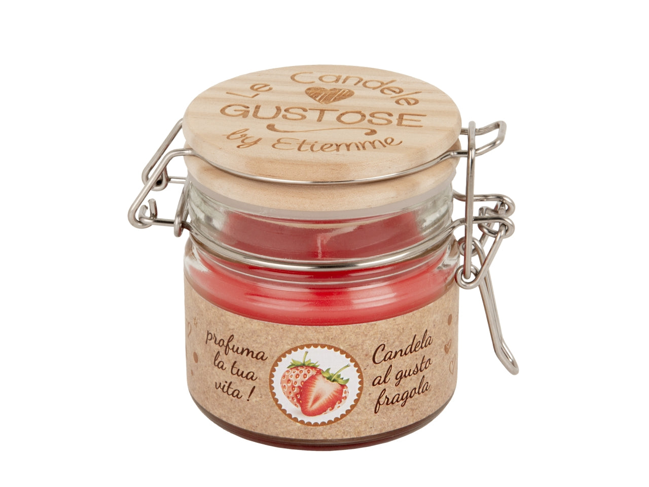 Candela h.7,5cm in barattolo di vetro al profumo di fragola