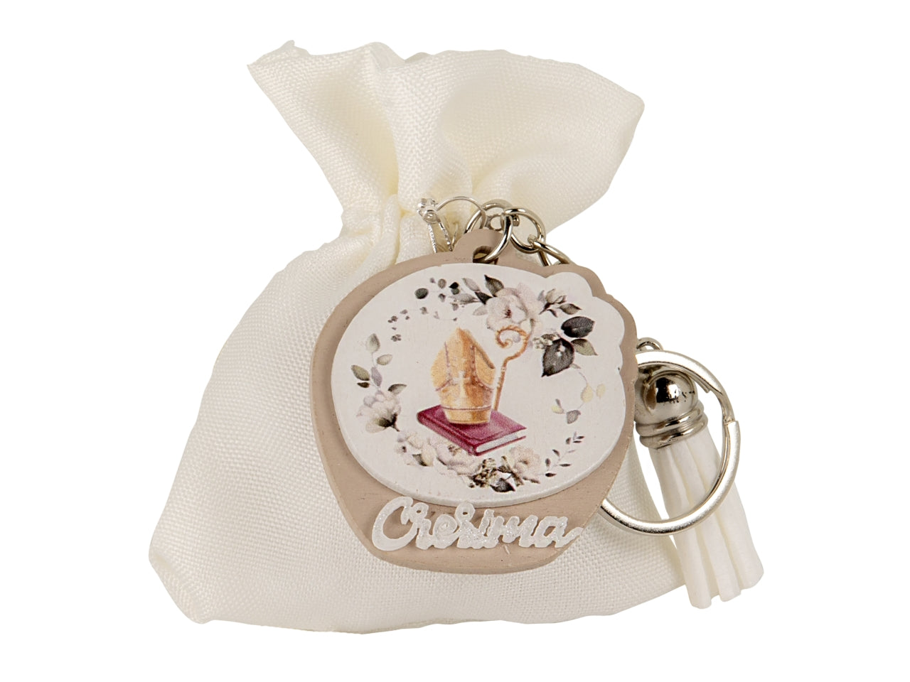 Sacchetto con portachiave cresima in poliestere, legno e metallo