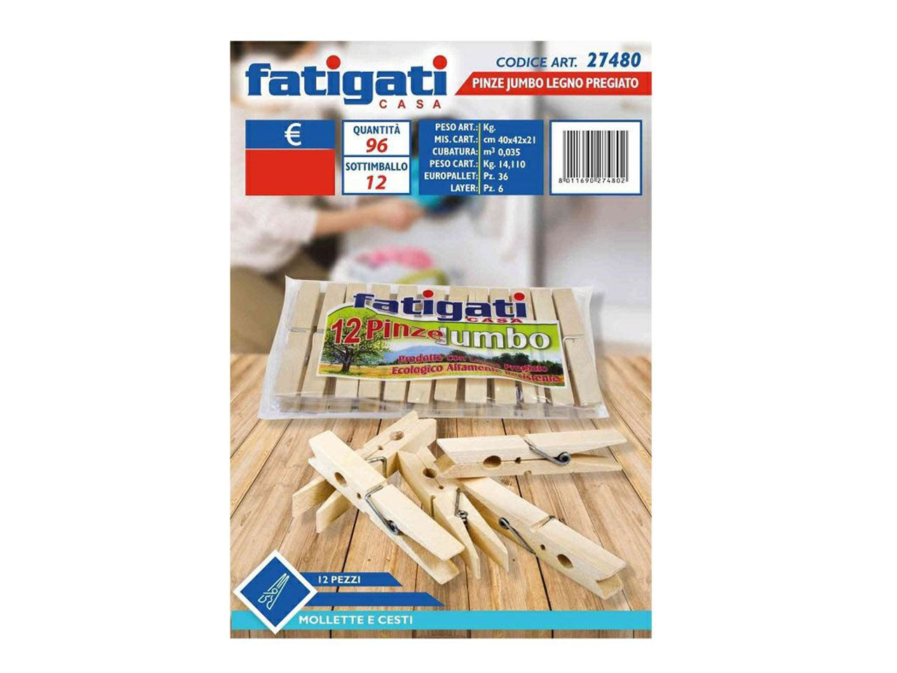Pinze jumbo 12 pezzi legno da bucato 27480