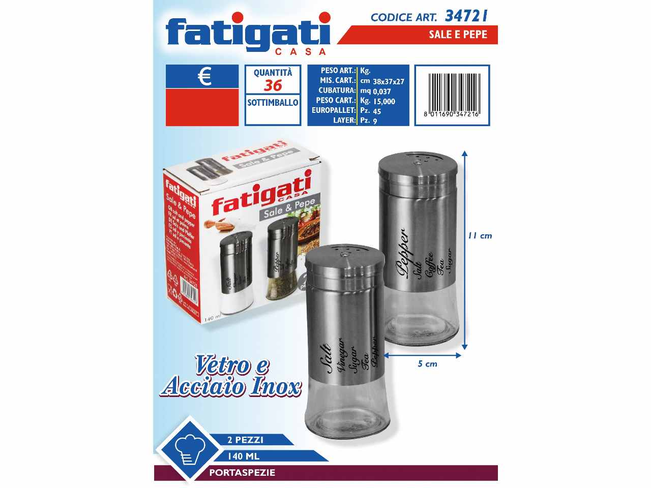 Contenitore sale e pepe in vetro 2 pezzi 140ml
