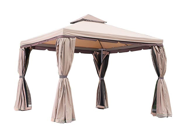 Gazebo passion 3x3xh.2,80mt - tubo in alluminio marrone d.80 - copertura in poliestere 220gr ecrù scuro con doppi lembi - con rivestimento in pa - 4 pareti laterale