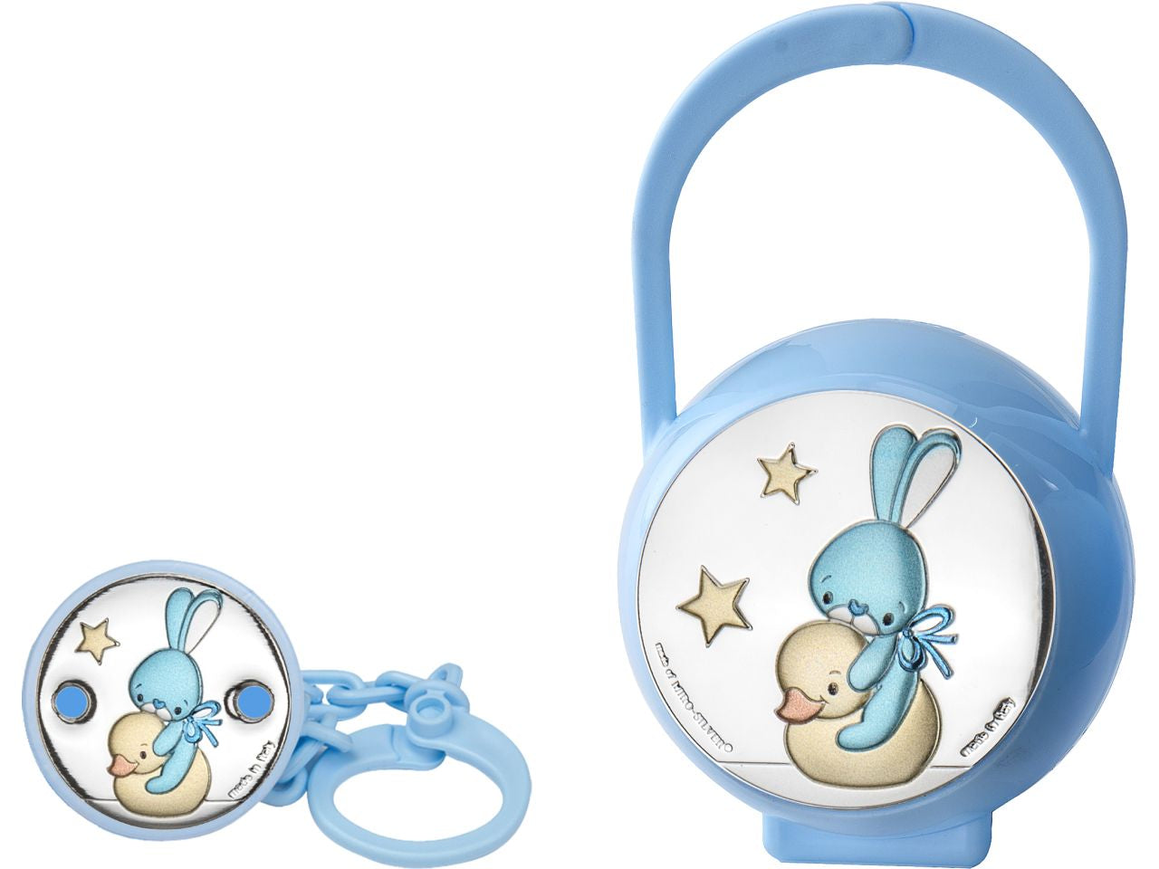Pinza con scatola ciuccio con decoro paperella e coniglio celeste