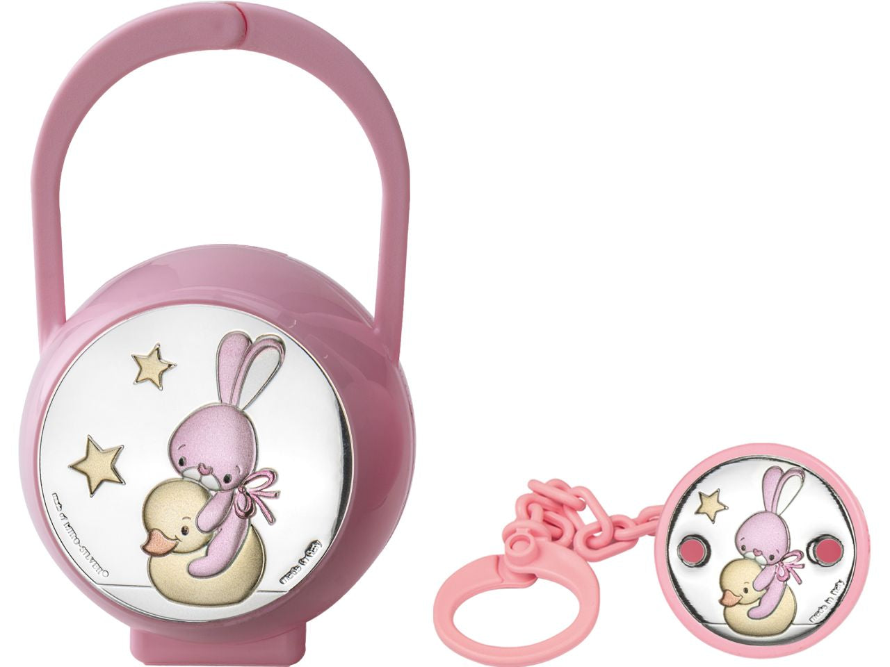 Pinza con scatola ciuccio con decoro paperella e coniglio rosa