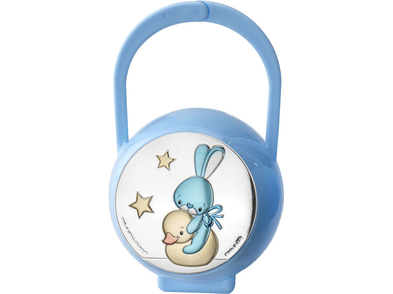Scatola ciuccio con decoro paperella e coniglio celeste