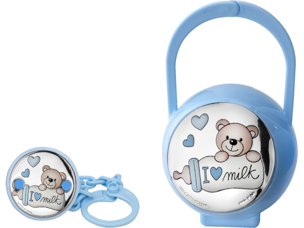 Set portaciuccio con contenitore celeste bomboniera nascita bambino, plastica e argento con orsetto, biberon e cuoricini, stile kids per nascita e battesimo - contenitore 6,5x11 cm, catenella 4x20 cm - Atelier