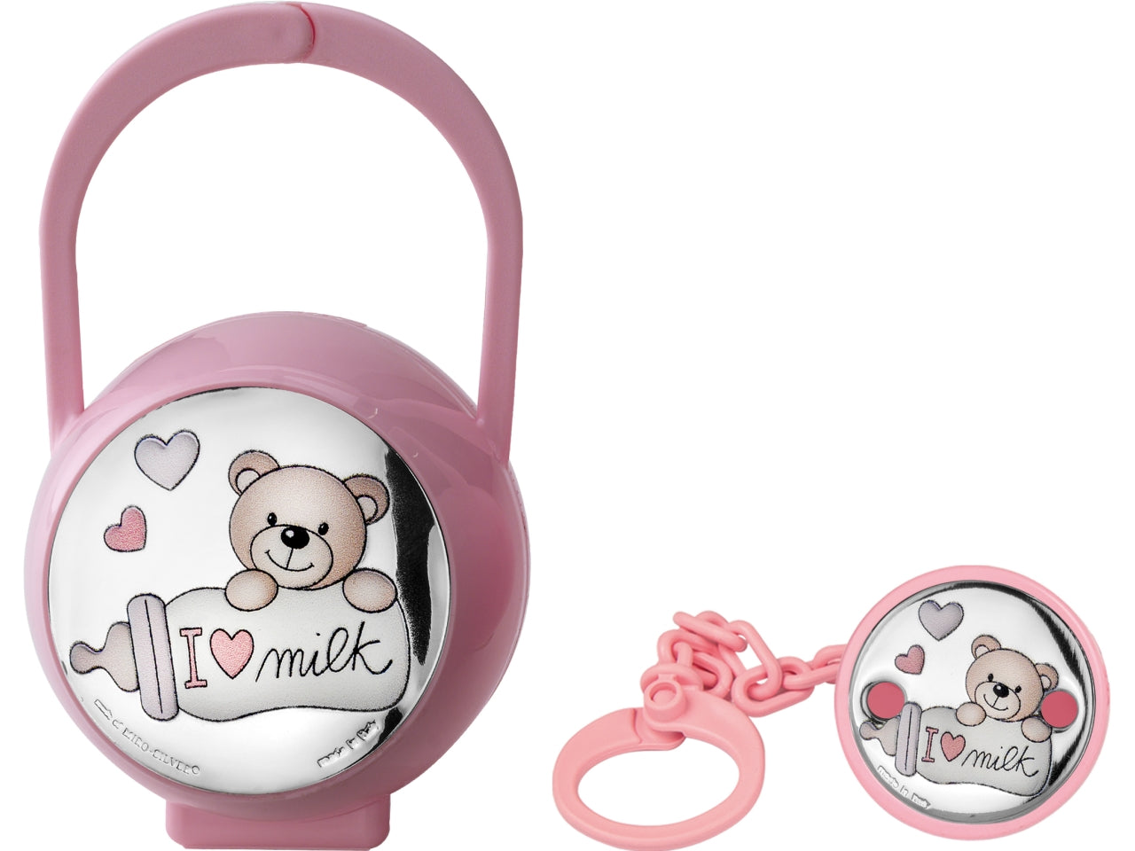 Set portaciuccio con contenitore rosa bomboniera nascita bambina, plastica e argento con orsetto, biberon e cuoricini, stile kids per nascita e battesimo - contenitore 6,5x11 cm, catenella 4x20 cm - Atelier