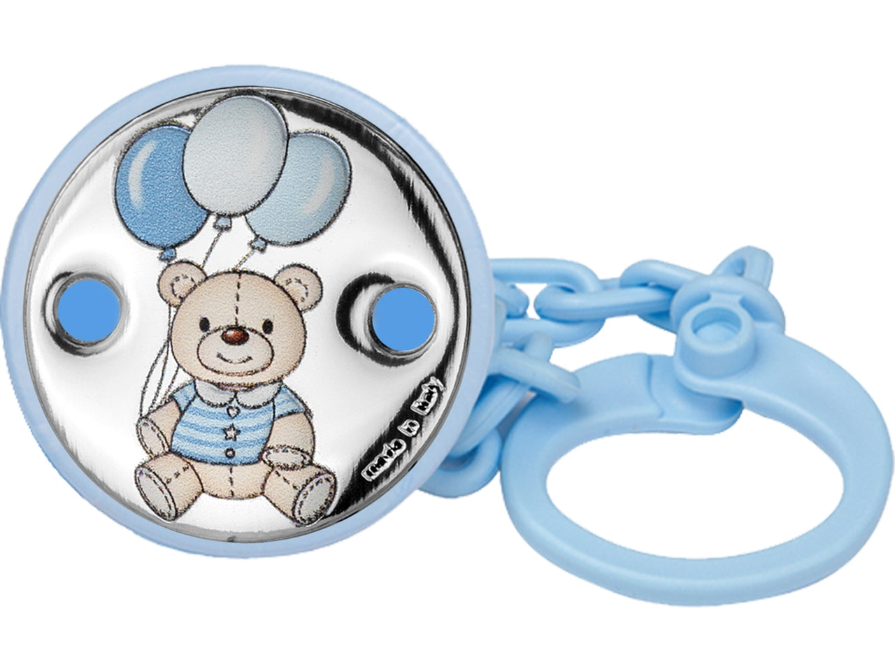 Catenella portaciuccio celeste bomboniera nascita bimbo, in plastica e argento con orsetto e palloncini, stile kids, per nascita e battesimo - 20x4 cm - Atelier
