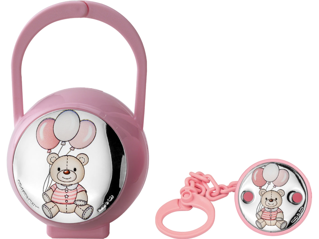 Portaciuccio rosa in argento, bomboniera nascita bimba, con catenella e scatola regalo palloncini, dettagli di orsetto e palloncini - contenitore 11x6,5x5,5 cm, pinza 20x4 cm - Atelier