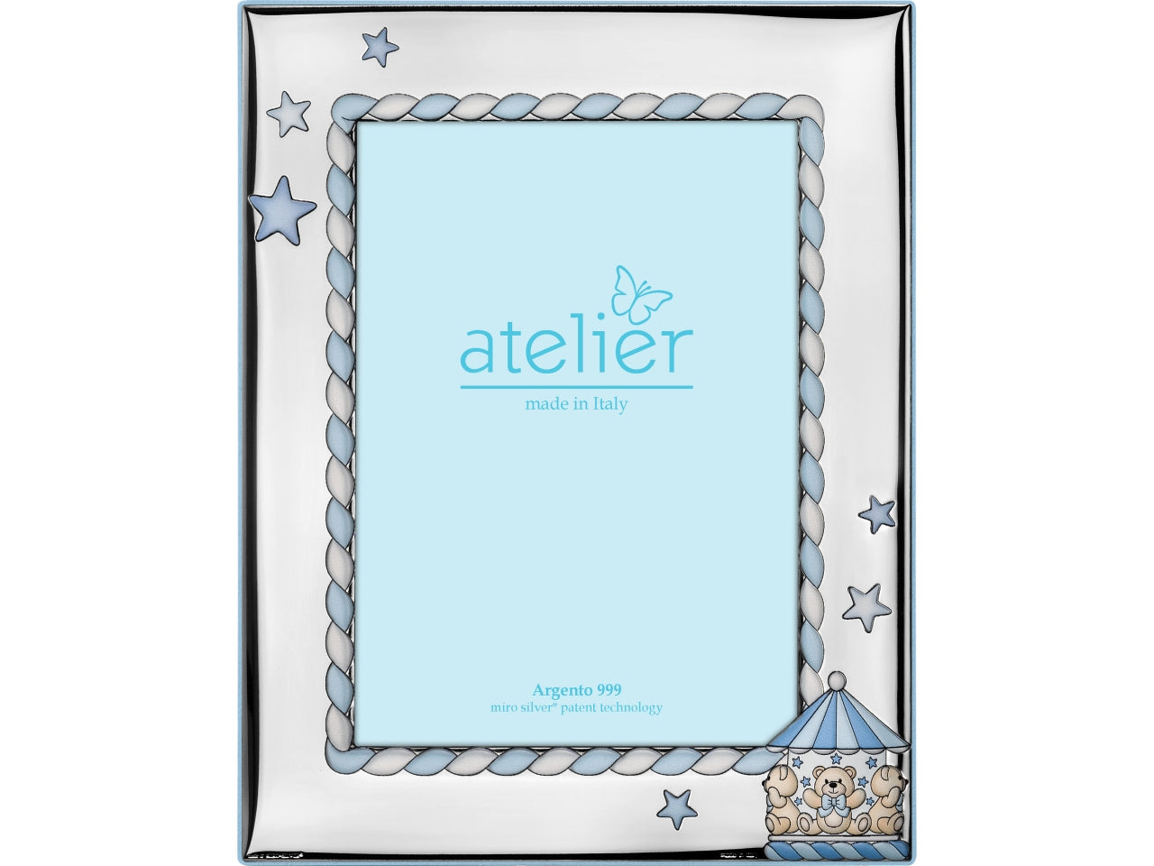 Cornice portafoto in argento bomboniera nascita maschietto celeste - argento 999 con dettagli stelline e giostrina, 9x13cm, per eventi nascita e battesimo, packaging in scatola regalo - Atelier