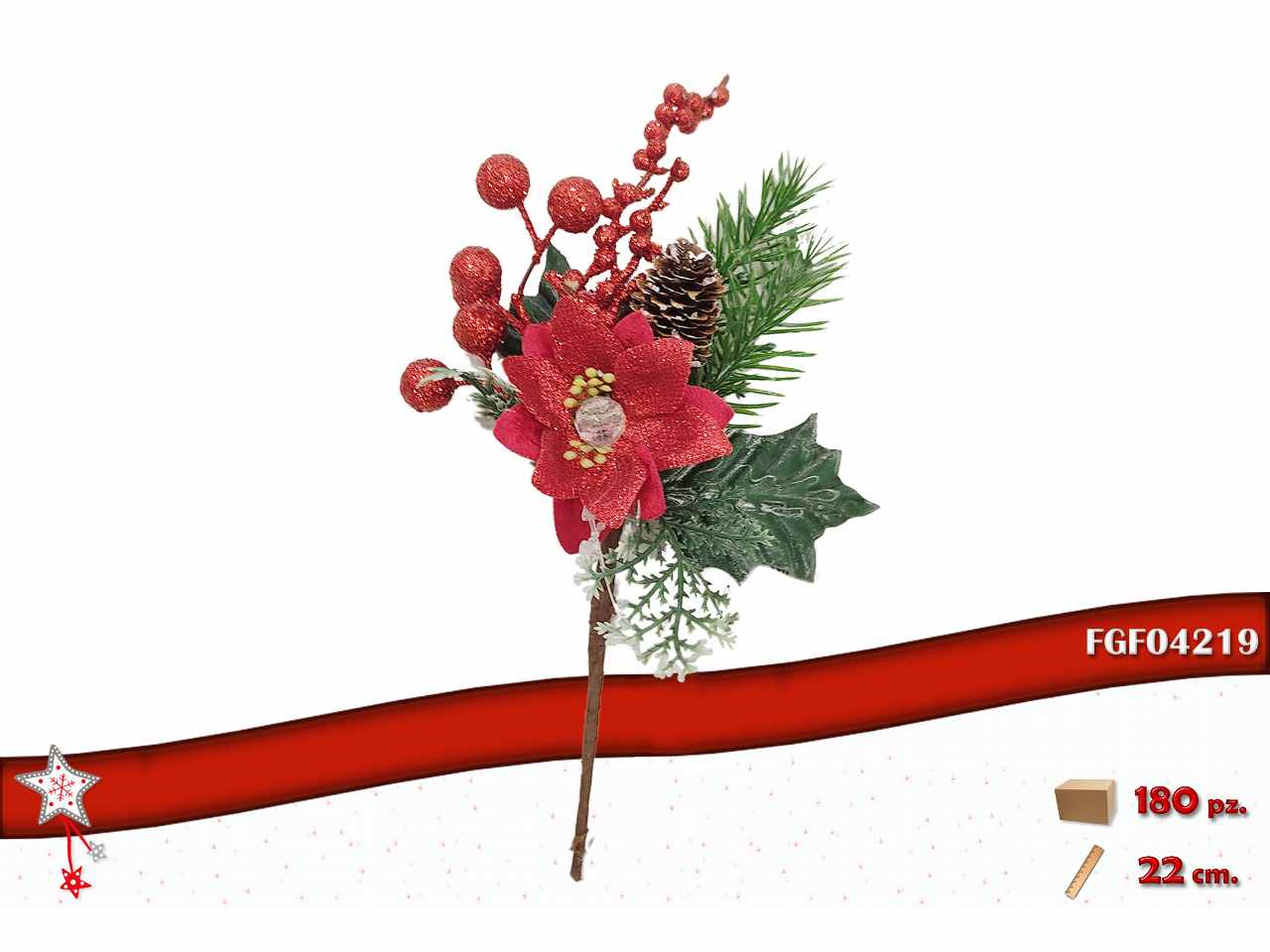 Pick con bacche e fiore rosso 22cm
