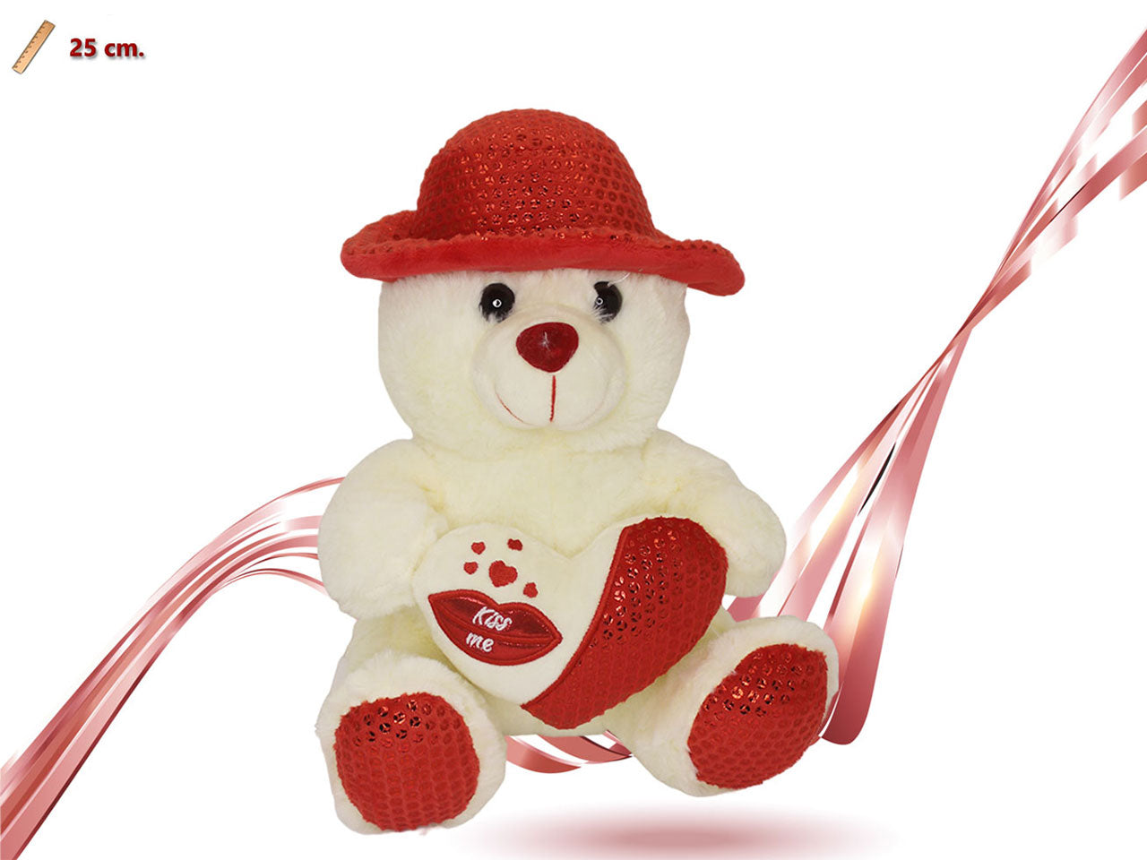 Orso in peluche 25cm bianco con cuore e cappello