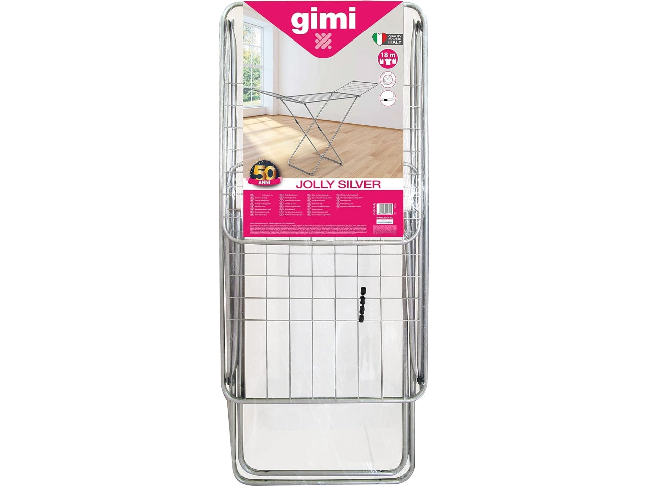 Stendibiancheria Jolly Da Pavimento, Stendino Con Piedi Antiscivolo, Spazio Stenditura 18 mt, Metallo, Per Interni, Acciaio 180 x 55 x 93 cm, 2.55 Kg - Gimi