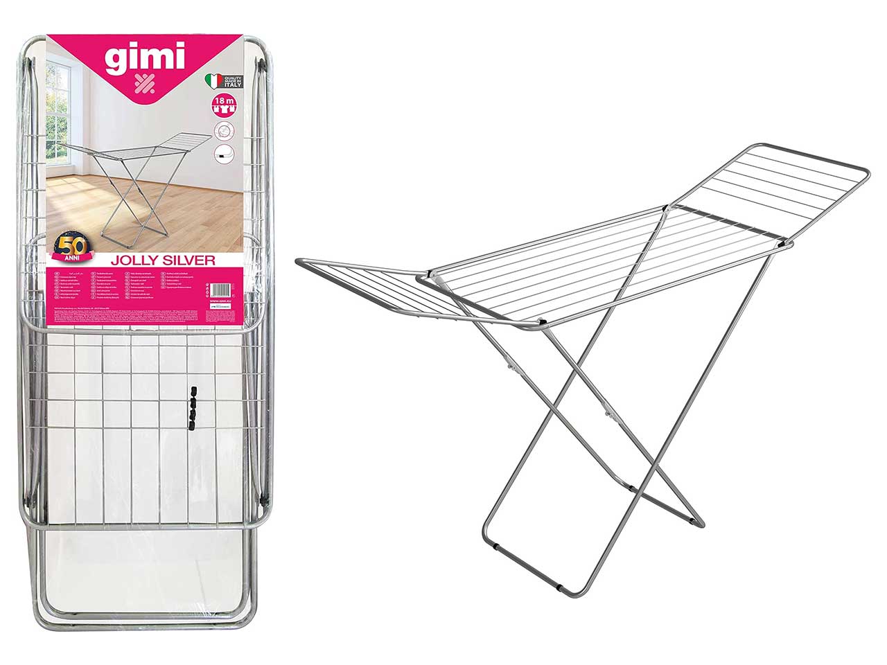 Stendibiancheria Jolly Da Pavimento, Stendino Con Piedi Antiscivolo, Spazio Stenditura 18 mt, Metallo, Per Interni, Acciaio 180 x 55 x 93 cm, 2.55 Kg - Gimi