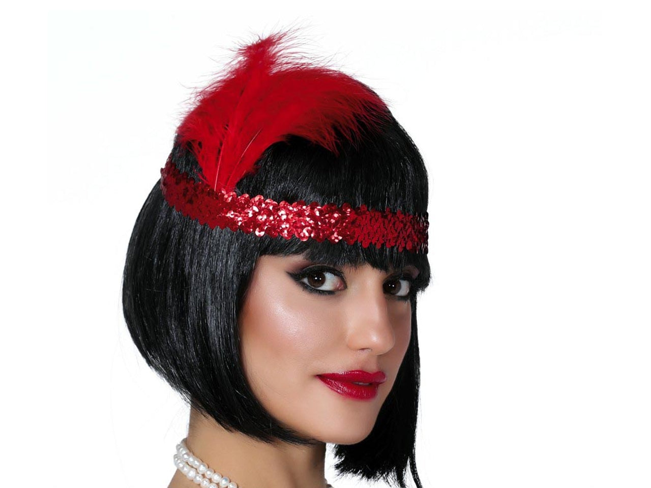 Fascia charleston paillette rosso con piume